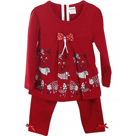 Red Color Girl's Dress kittens 2-Set