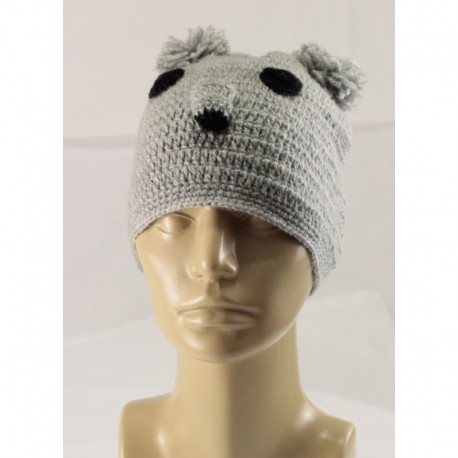 Knitted Hat With Bear Design And Pompom Ears