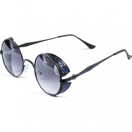 Gothic Steampunk Round Blue Motif Design Black Degrade Glass Glare Sunglasses