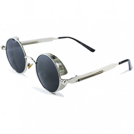 Gothic Steampunk Round Spring Design Black Glass Silver Rectangular Metal Framed Sunglasses