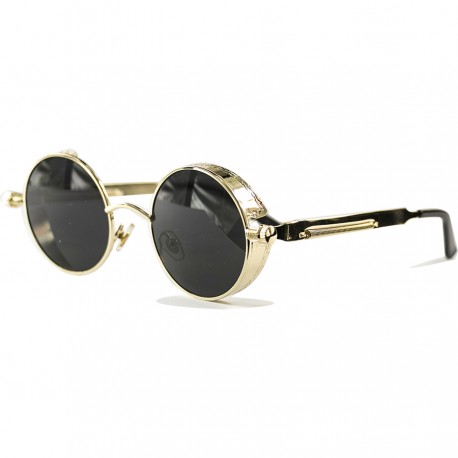 Gothic Steampunk Round Spring Design Black Glass Yellow Metal Framed Sunglasses
