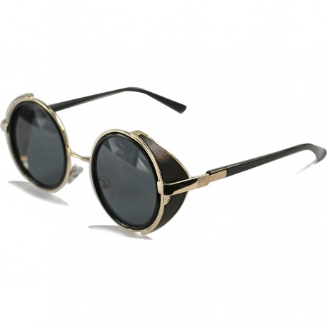 Steampunk Design Round Side Protected Black Glass Sunglasses Rose Gold Color Frame