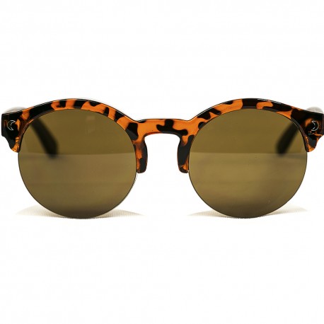 Fashion Moon Wooden Round Leopard Patterned Half-Frame Sunglasses