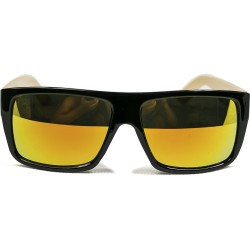 Fashion Moon Bamboo Handle Black Rectangular Frame Yellow Mirrored Sunglasses