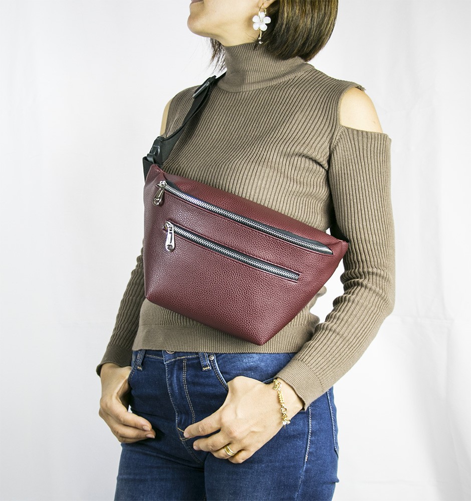 Women&#39;s Burgundy Double Zippered Belt Large Waist Bags