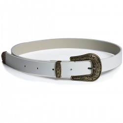 White Leather Antique Gold Buckle Belt