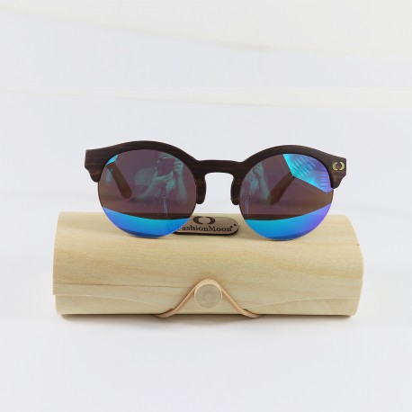Fashion Moon Wooden Round Half Frame Blue Mirrored Sunglasses