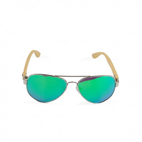 Fashion Moon Bamboo Handle Pilot Model Metal Framed Green Mirror Glass Sunglasses