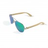 Fashion Moon Bamboo Handle Pilot Model Metal Framed Green Mirror Glass Sunglasses