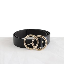 Black Leather Gold Color Double Buckle Women's Belt