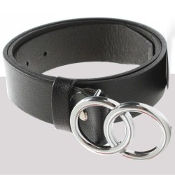 Black Leather Silver Color Double Buckle Women's Belt