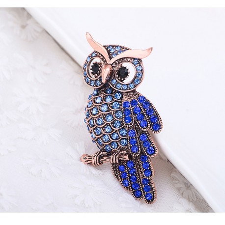 FashionMoon Owl Blue Color Cubic Zirconia Brooch