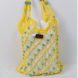 Vintech File Mercerized Bag Summer Bag, Handmade Bag Organic Blue Glass Beaded Yellow Rope Bag