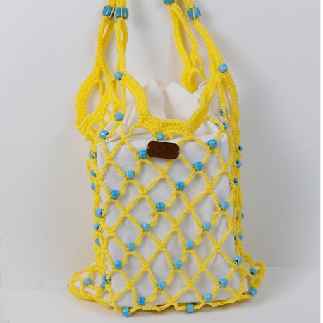 Vintech File Mercerized Bag Organic Blue Glass Beaded Yellow Rope Bag