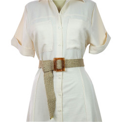 Jute Straw Wrap Square Brown Buckle Women's Belt