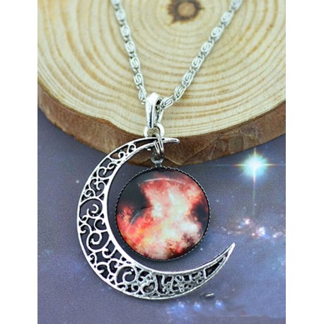 Moon and Red Galaxy Necklace